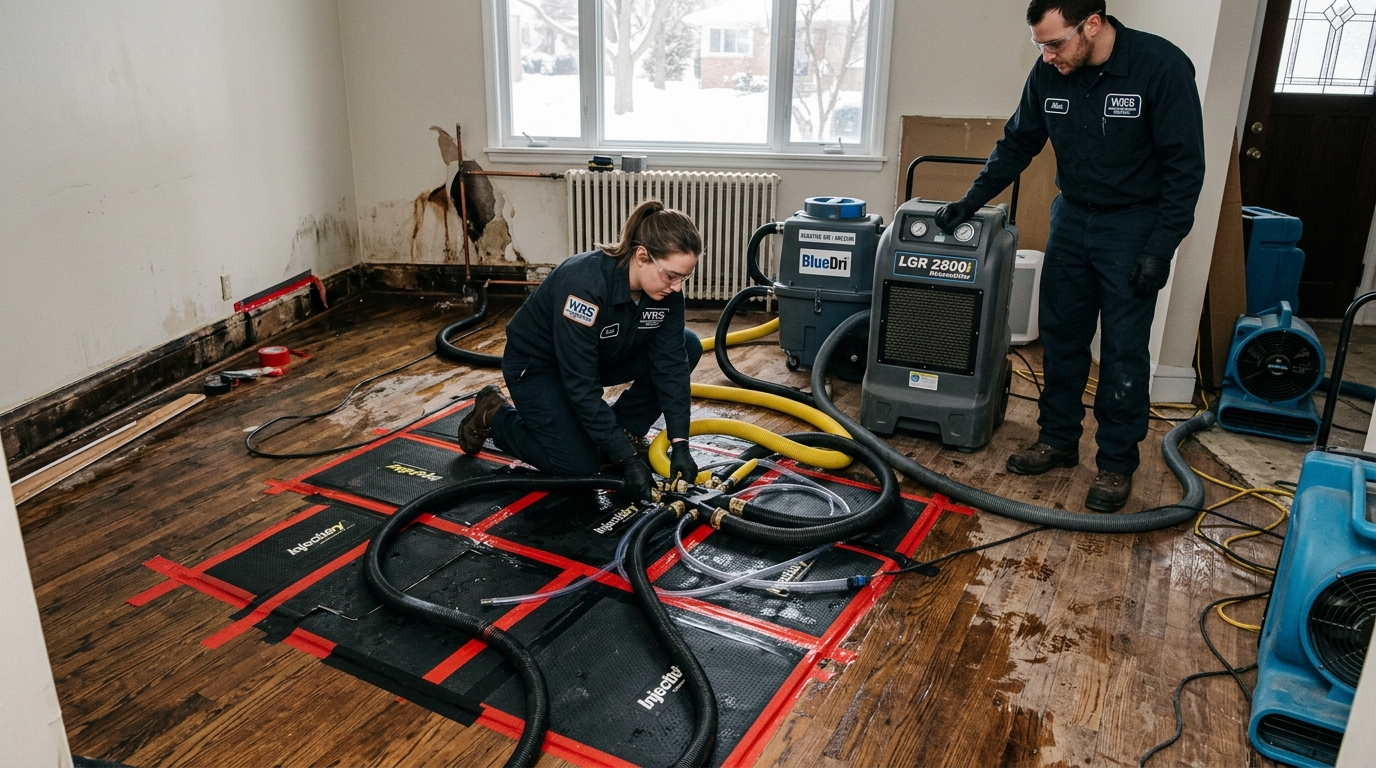Sub-zero winter freeze pipe burst drying and structural containment in Addison IL