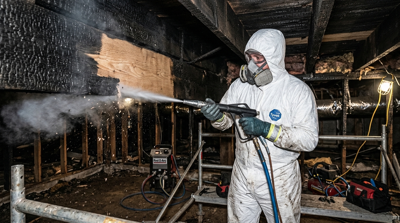 Cryogenic dry ice blasting on blackened structural floor joists